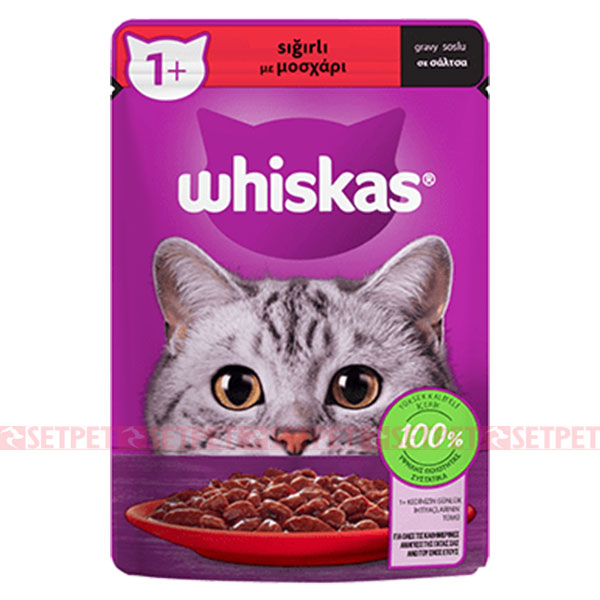 پوچ گربه بالغ ویسکاس گوشت گاو در سس - Whiskas Pouch Beef In Gravy - سوپ گربه بالغ ویسکاس با گوشت گاو در سس - پوچ گربه ویسکاس - پوچ ویسکاس