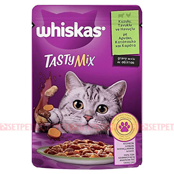 پوچ گربه ویسکاس میکس گوشت بره و مرغ و هویج در سس - Whiskas Pouch Tasty Mix Lamb and Chicken and Carrot In Gravy - ویسکاس میکس گوشت بره و مرغ و هویج در سس - پوچ گربه ویسکاس - پوچ میکس ویسکاس