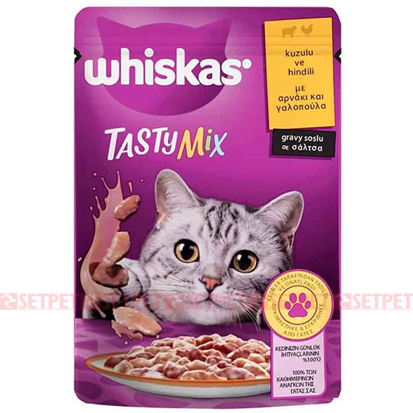 پوچ ویسکاس میکس گوشت بره و بوقلمون در سس - whiskas pouch tasty mix lamb and turkey in gravy - ویسکاس میکس گوشت بره و بوقلمون در سس - پوچ گربه ویسکاس - پوچ میکس ویسکاس